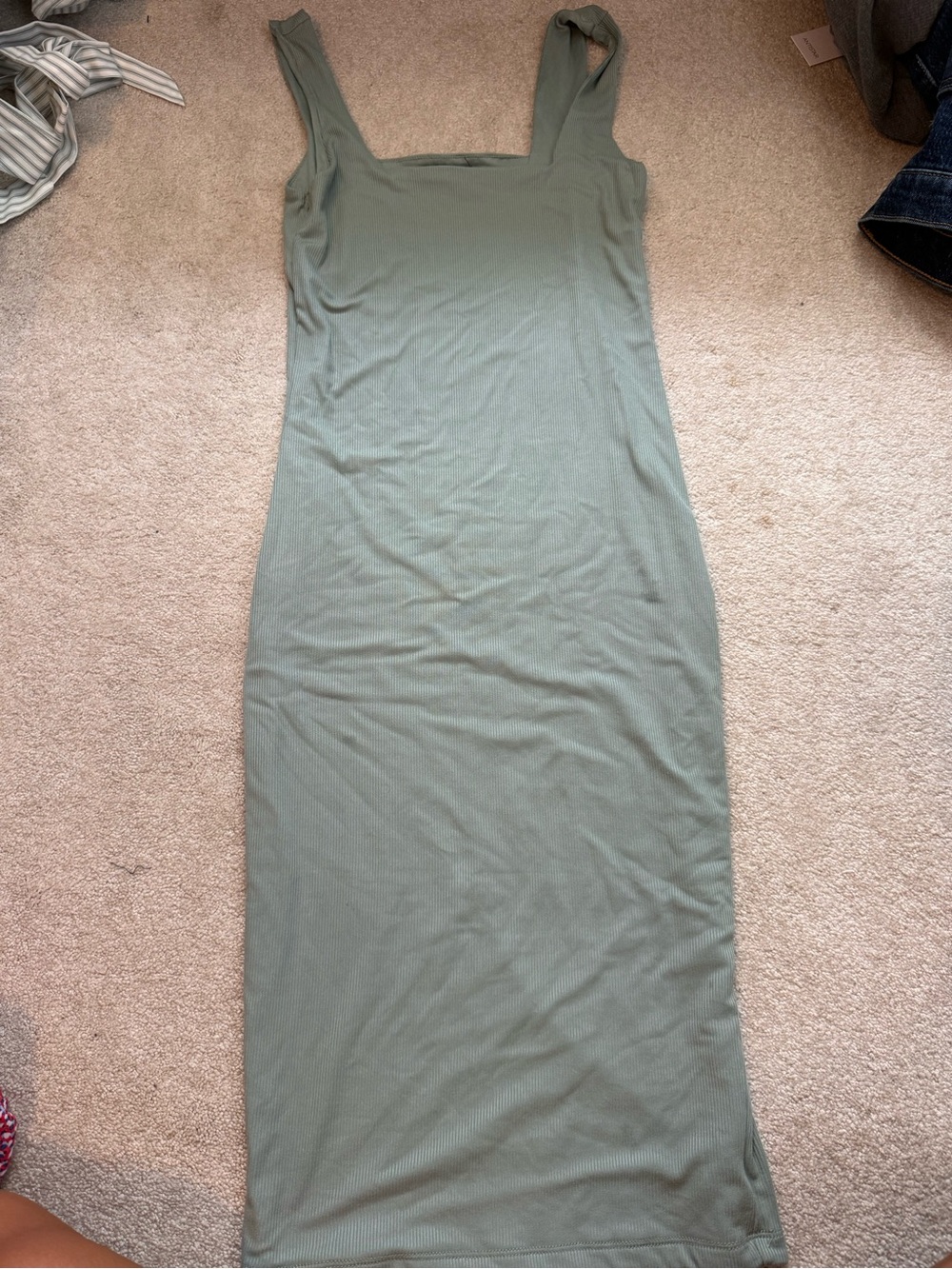 Justify Olive Green Square Neck Ribbed Midi Dress